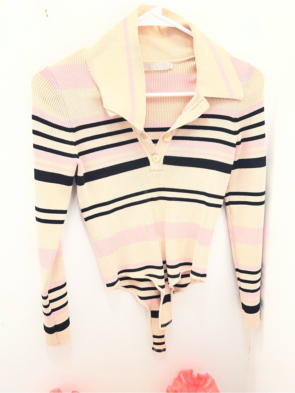 Striped Knit Long-Sleeve Polo Bodysuit in Pink and Cream